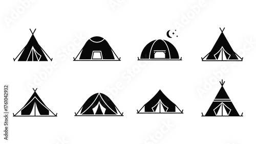 Collection of diverse silhouette camping tents and wigwam icons for outdoor adventure and recreation silhouette