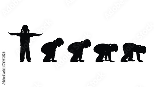 Human evolution silhouette sequence showing descent and crawling poses over time silhouette