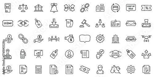 A collection of various business and finance icons in a clear line-art style.