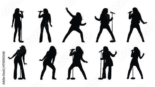 Dynamic female singers silhouettes performing with microphones on stage energetic live concert mood silhouette