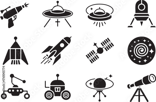 Space Exploration Icons Set in Black and White Representing Scientific Discovery and Futuristic Technology for Various Applications