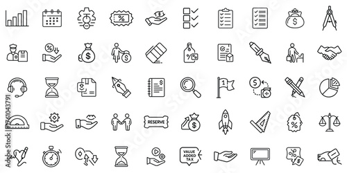 A collection of business-themed line icons representing finance, planning, and teamwork in monochrome.