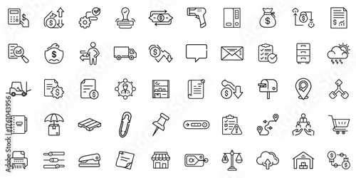 A collection of minimalist line icons representing various financial and business concepts.