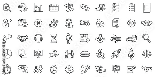 A collection of business-themed icons representing finance, planning, and teamwork.