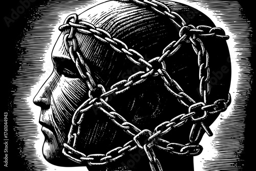 Conceptual line art A stylized human head silhouette wrapped tightly in bold, thick, confining chains.