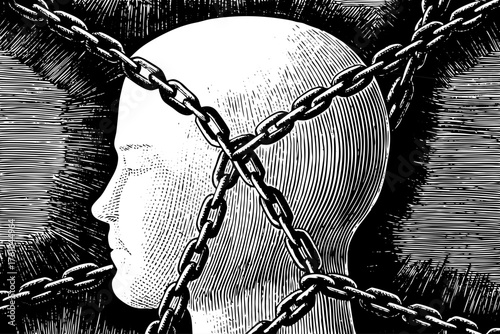 Conceptual line art A stylized human head silhouette wrapped tightly in bold, thick, confining chains.