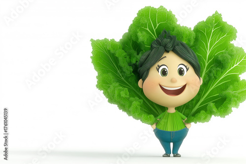 Cheerful animated cabbage character with human-like features standing against clean white background. Cute vegetable personification with friendly face and green body represents healthy food concept.