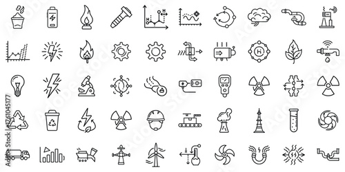 A collection of energy-related icons depicting various concepts and technologies in black and white.