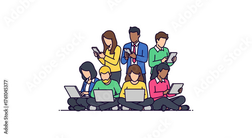 Diverse team using digital devices working  connecting online illustrating digital workspace collaboration and flexible remote work trends.