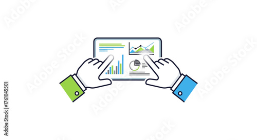 data analytics dashboard on a tablet being interacted with by two hands presenting insights for business strategy and performance optimization.