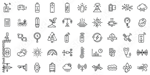 A collection of various line icons representing energy sources and environmental elements.