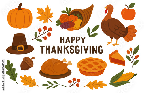 Thanksgiving day elements illustrations set. Autumn holiday items. Turkey, Pumpkin, Pilgrim hat, cornucopia and other. Vector collection