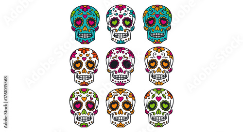 day of the dead sugar skulls whimsical sugar skull icons in various colors for vibrant dia de muertos holiday celebration background