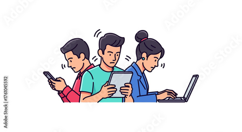 digital device overuse people engrossed in smartphones tablets and laptops reflecting technology addiction and information overload in modern life