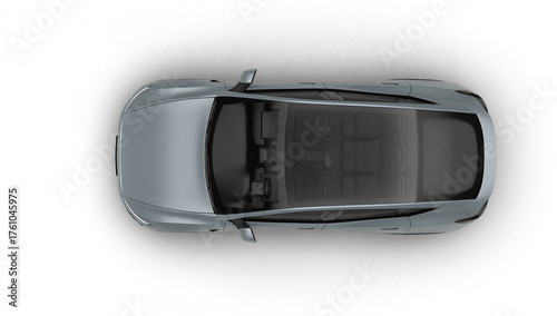 3D Render of a gray colored modern electric car, top-down 90 degree view, transparent background.