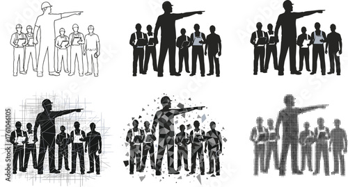 Leadership and teamwork silhouettes – construction foreman pointing, guiding workers, stylized coordination, safety gear, industrial collaboration illustration
