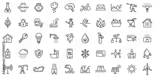 Collection of diverse icons illustrating environmental science concepts and technology.