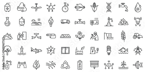 A collection of diverse black and white icons representing energy, water, agriculture, and sustainability.