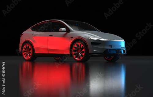 3D Render of a gray colored modern electric car, slight right front view under blue and red light, black background.