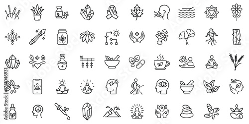 A vibrant collection of wellness and natural elements icons in minimalist line art style.