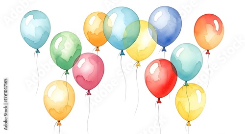 Collection of colorful watercolor balloons floating upwards against a clean white background, symbolizing celebration and joy.