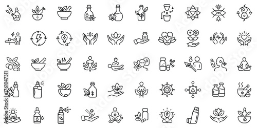 A collection of wellness and herbal icons in line art style, symbolizing holistic health.