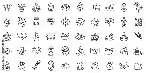 A collection of minimalist wellness and nature-themed icons in black line art style.