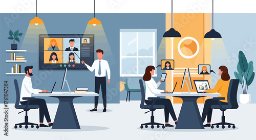 AI-powered business team in a hybrid office for a video conference, a vector illustration