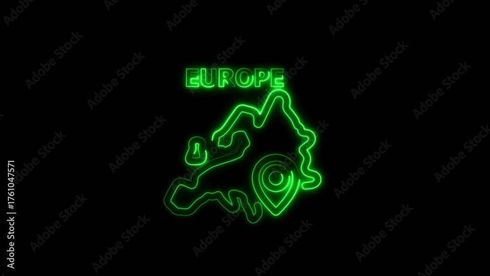 Obraz premium Neon outline map of Europe with location pin and lock symbol on black background continent