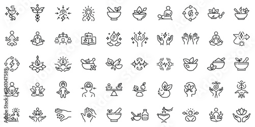 Variety of wellness and health icons depicting holistic practices and mindfulness concepts.