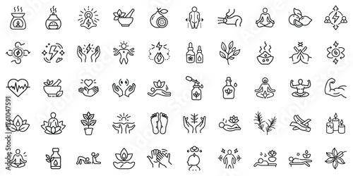 Collection of diverse wellness icons showcasing health, meditation, and natural remedies.