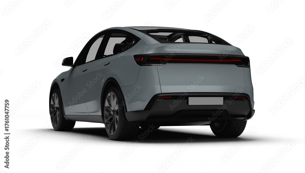 Fototapeta premium 3D Render of a gray colored modern electric car, slight left rear view, transparent background.