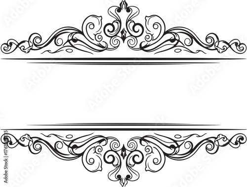 Vector art of refined black floral divider, showcasing graceful curves and symmetrical design, ideal for enhancing layouts, stationery, and creative endeavors with a timeless charm