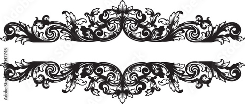 Vector art of elegant black floral divider, featuring intricate swirls and delicate leaf patterns, perfect for adding a touch of sophistication to invitations, cards, and design projects