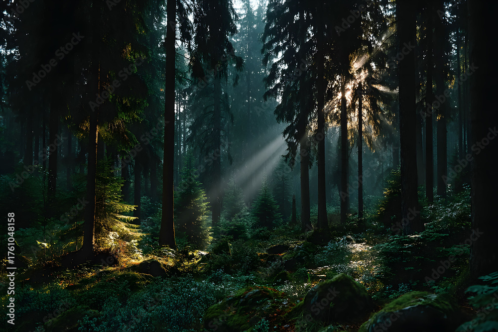 Obraz premium Sunlight Streaming Through Enchanted Forest with Lush Vegetation