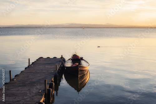 Fishing Boat Moored to a Pier at Sunset, Lagoon Valencia