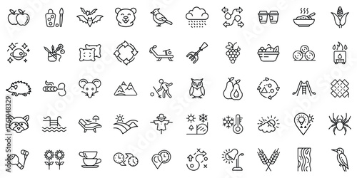 A collection of playful icons featuring nature, food, and leisure activities in black outline design.