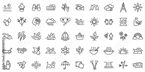 A collection of minimalistic line icons depicting nature, activities, and outdoor elements.