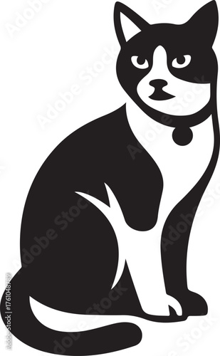 Black and white tuxedo cat sitting silhouette feline, Elegant sitting cat vector illustration black and white