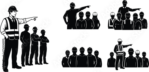Construction leadership silhouettes – workers pointing, guiding, coordinating tasks, teamwork, safety gear, site supervision illustration