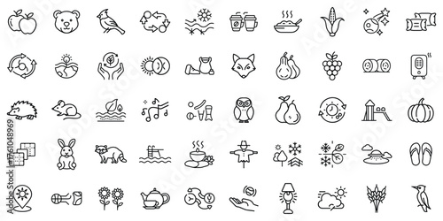 A collection of hand-drawn icons featuring nature, animals, and seasonal themes.