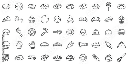A collection of cute food icons, featuring desserts and treats in a minimalistic line art style.