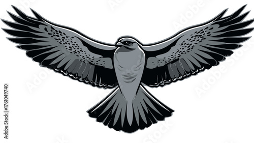 Dynamic vector illustration of a majestic bird of prey with wings spread, soaring raptor, grayscale predatory animal graphic