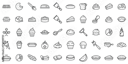 A variety of delicious desserts and baked goods illustrated in a clean, minimalist style.
