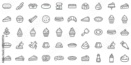 A collection of hand-drawn illustrations of various desserts and sweets in black and white.