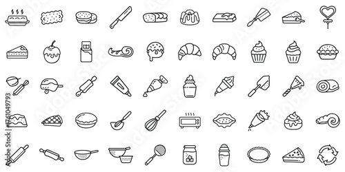 A collection of hand-drawn kitchen and baking icons including desserts and utensils.