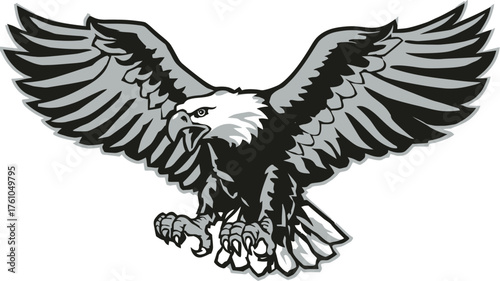 Powerful eagle illustration with outstretched wings, majestic bird of prey flying, strong wild animal mascot design, black and white graphic emblem