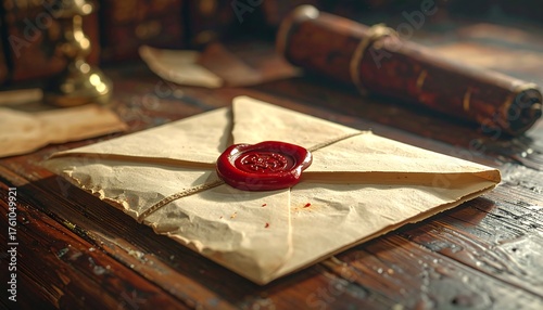 Vintage sealed letter on a wooden desk with scroll.