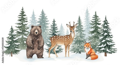 Watercolor illustration of a bear deer and fox in a snowy forest with pine trees on a white background