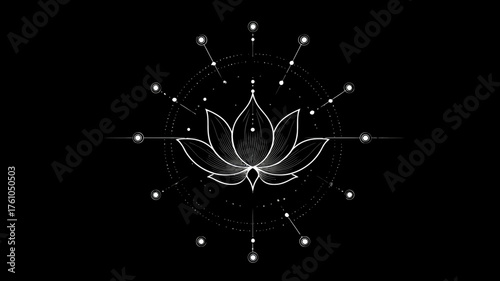 Glow of enlightenment: Stylized white lotus flower with sacred geometry and cosmic elements on a black background, for meditation and spiritual design.